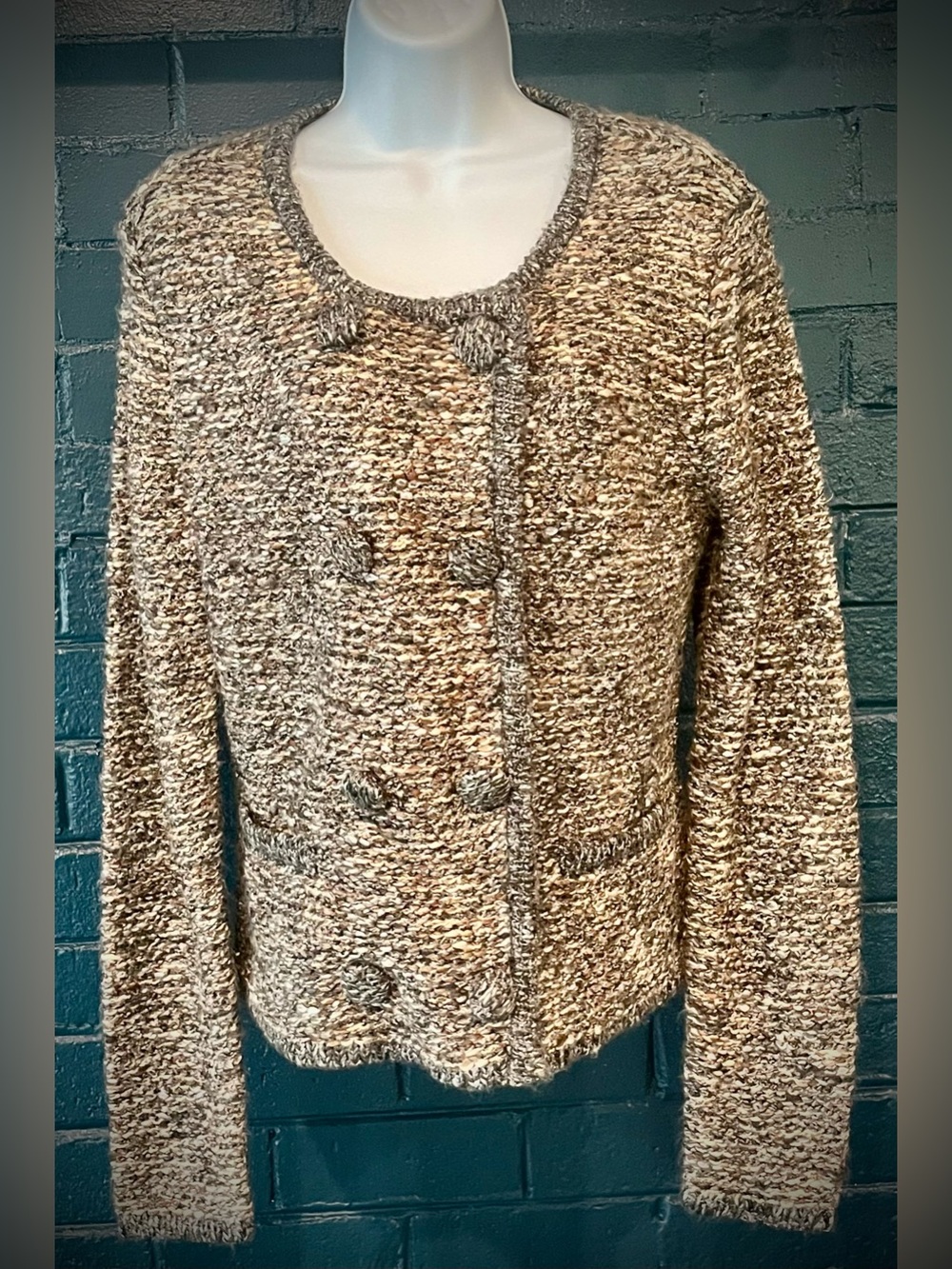 CAbi Marled Knit Button-Front Jacket in Beige and Brown